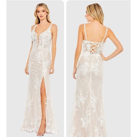 Mac Duggal Ivory 11331 Floral Applique Sleeveless Mermaid Formal Gown Dress $898 - Picture 1 of 10